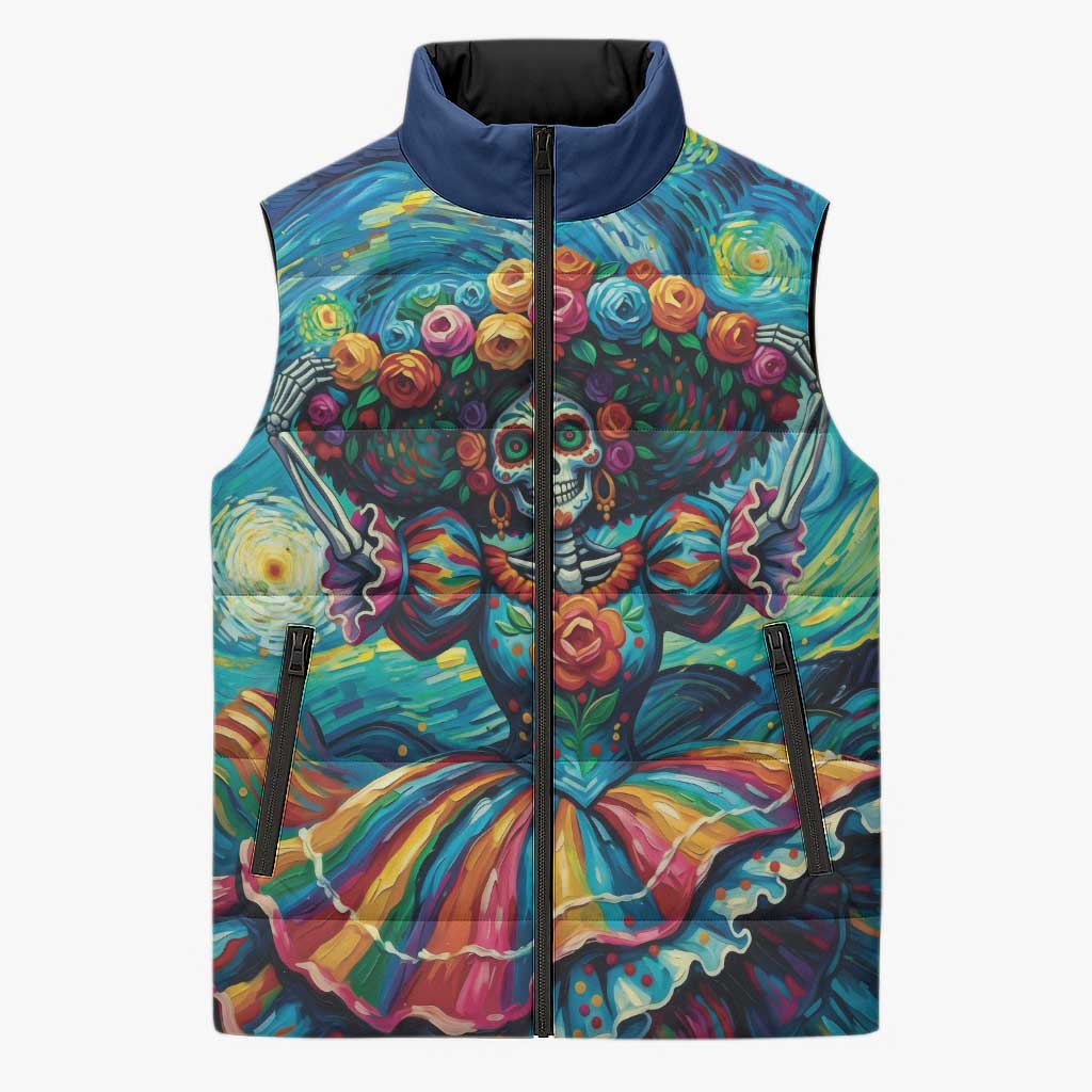 Día de los Muertos Sleeveless Puffer Jacket A Swirl of Colors and Souls - Wonder Print Shop