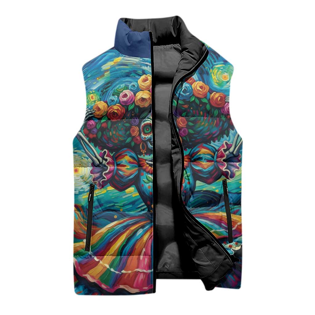 Día de los Muertos Sleeveless Puffer Jacket A Swirl of Colors and Souls - Wonder Print Shop