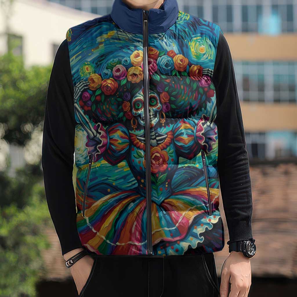 Día de los Muertos Sleeveless Puffer Jacket A Swirl of Colors and Souls - Wonder Print Shop