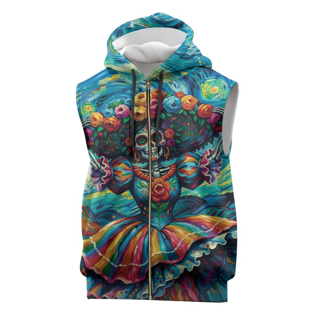 Día de los Muertos Sleeveless Zip Hoodie A Swirl of Colors and Souls - Wonder Print Shop