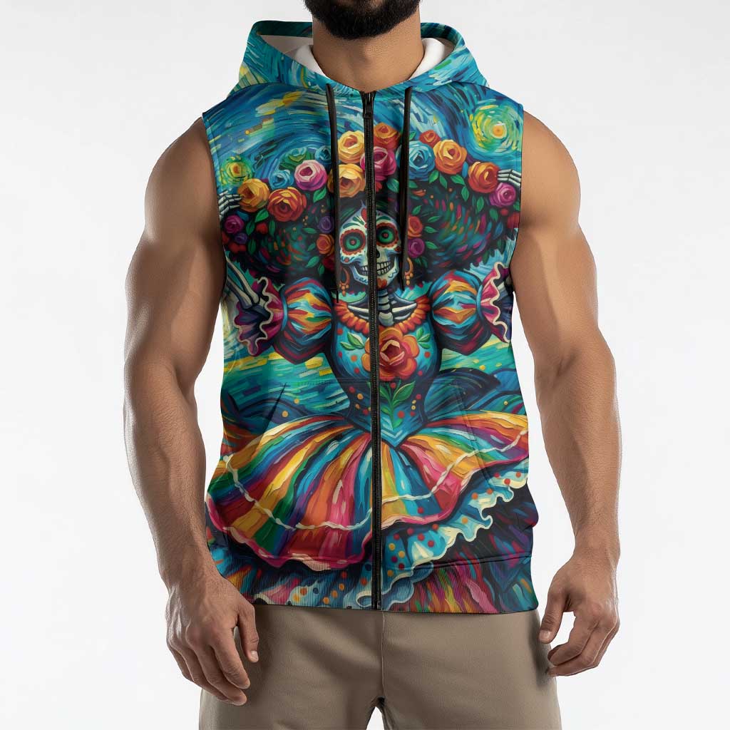 Día de los Muertos Sleeveless Zip Hoodie A Swirl of Colors and Souls - Wonder Print Shop