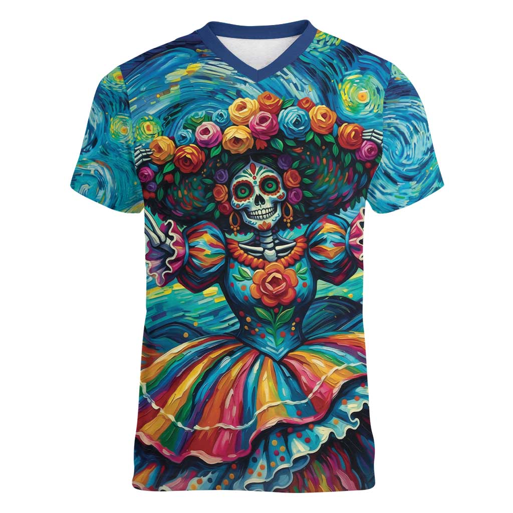 Día de los Muertos Women V-Neck T-Shirt A Swirl of Colors and Souls - Wonder Print Shop