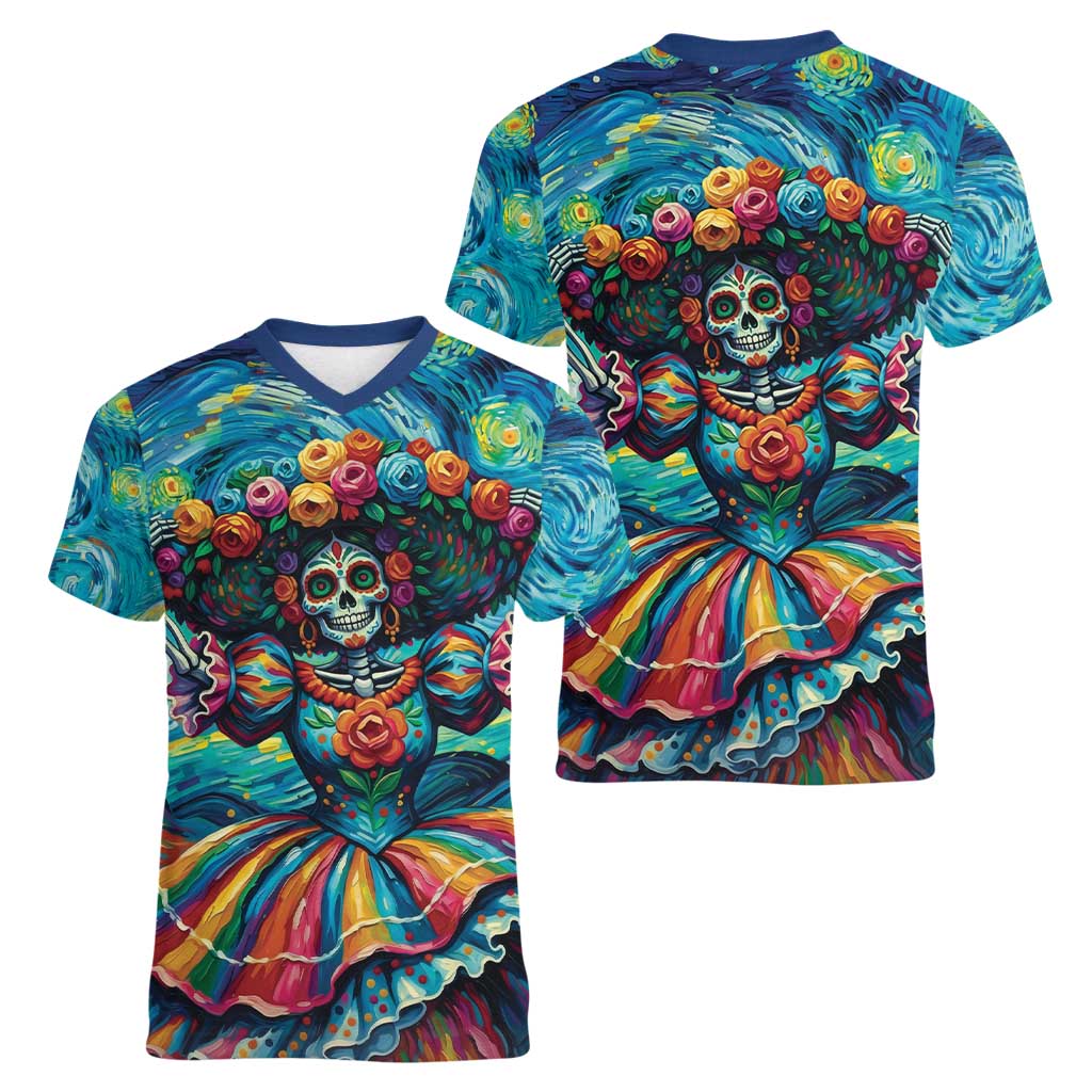 Día de los Muertos Women V-Neck T-Shirt A Swirl of Colors and Souls - Wonder Print Shop
