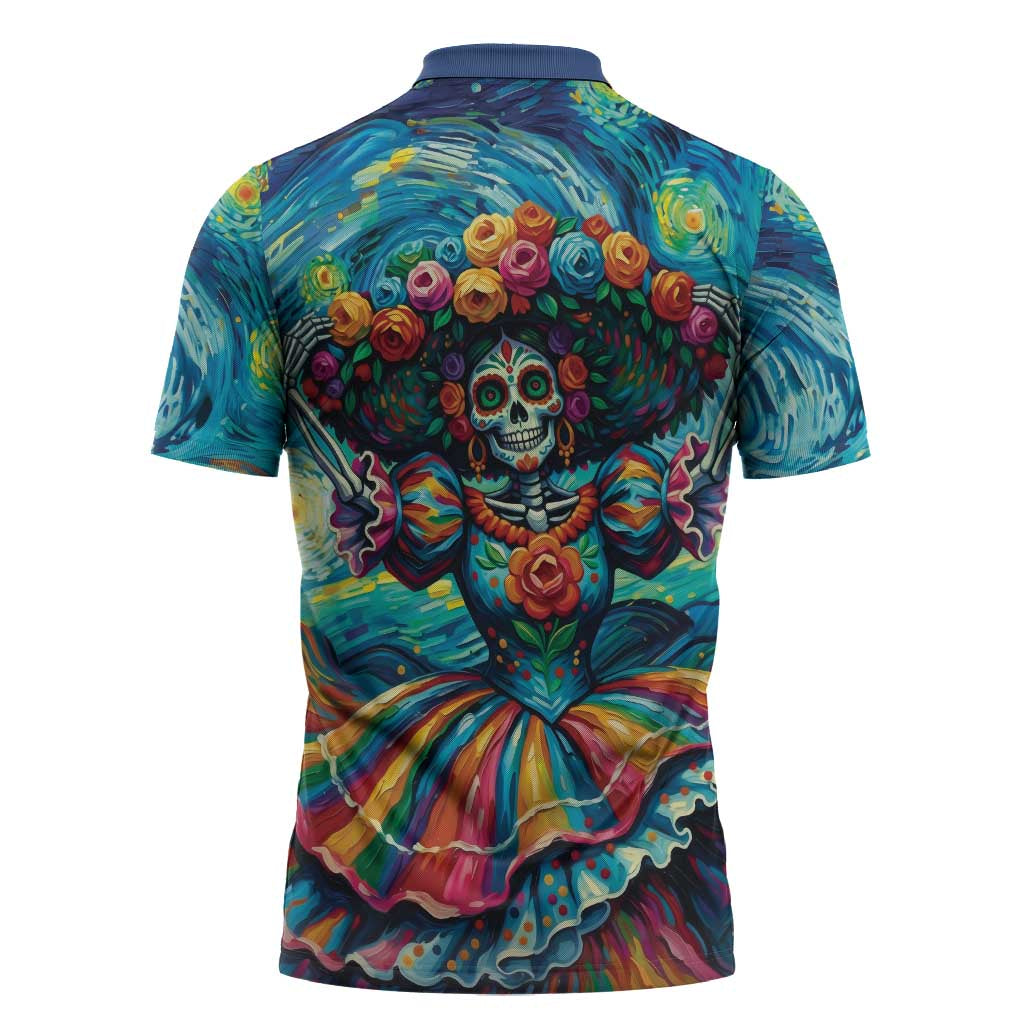 Día de los Muertos Zipper Polo Shirt A Swirl of Colors and Souls - Wonder Print Shop