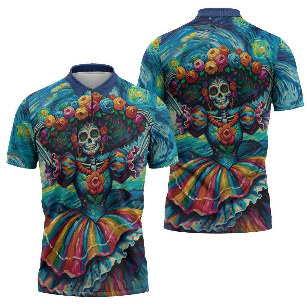Día de los Muertos Zipper Polo Shirt A Swirl of Colors and Souls - Wonder Print Shop