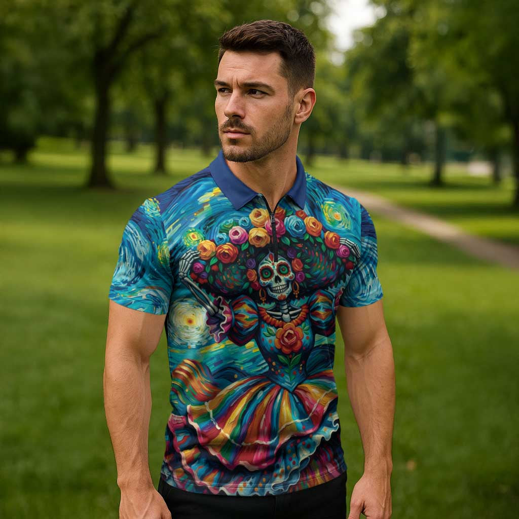 Día de los Muertos Zipper Polo Shirt A Swirl of Colors and Souls - Wonder Print Shop