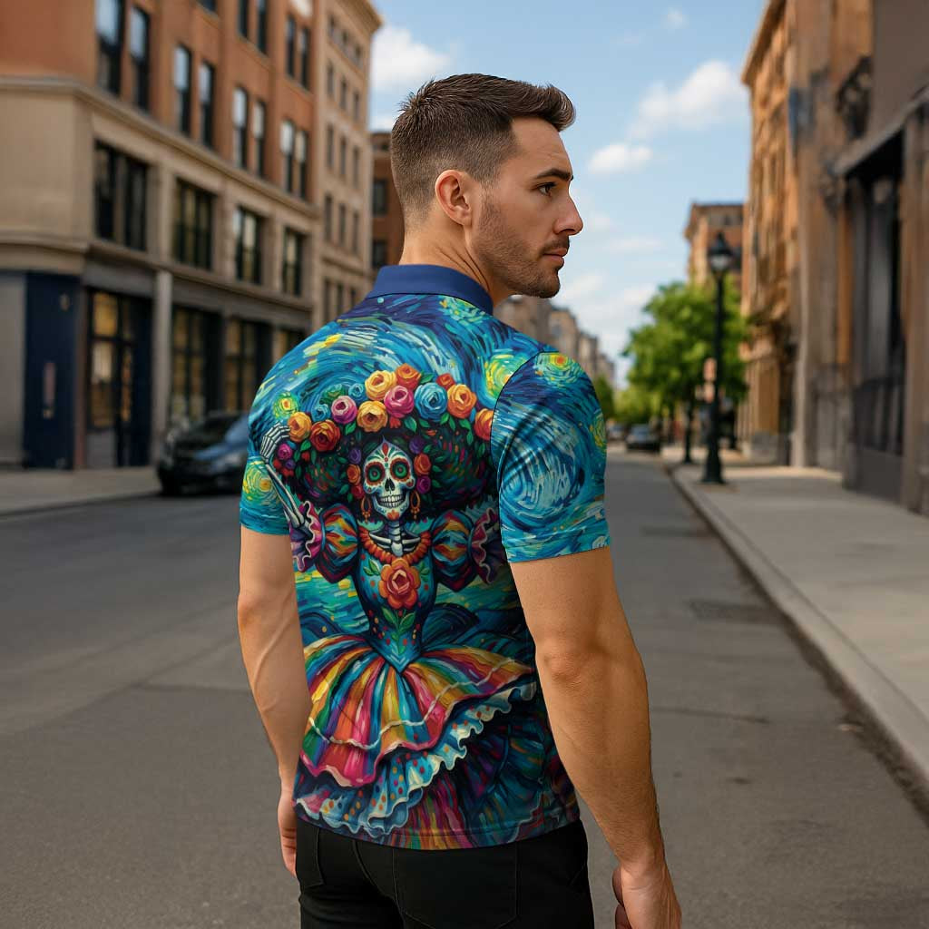 Día de los Muertos Zipper Polo Shirt A Swirl of Colors and Souls - Wonder Print Shop