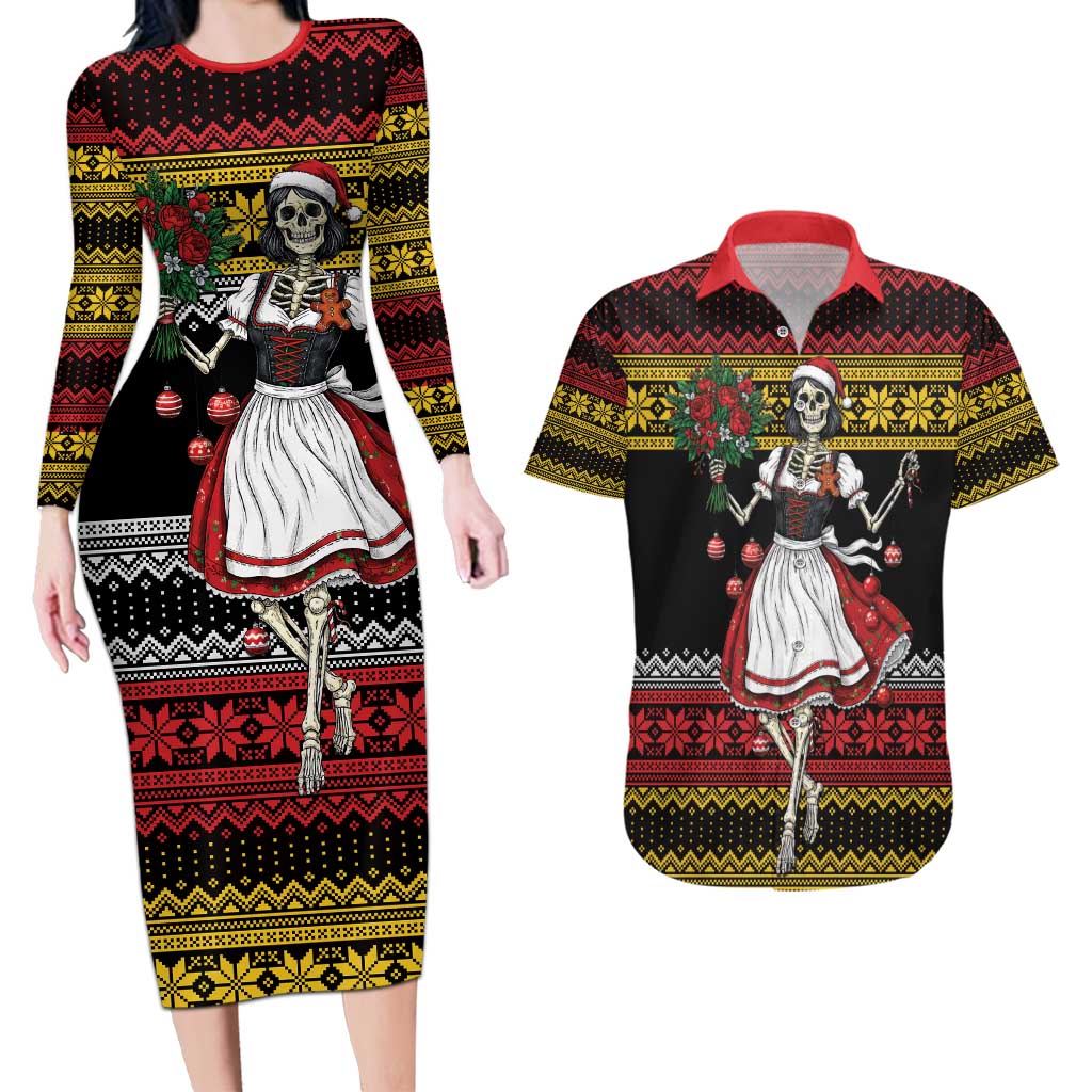 Dirndl Skeleton Dance Couples Matching Long Sleeve Bodycon Dress and Hawaiian Shirt Bavarian Gothic Christmas - Wonder Print Shop