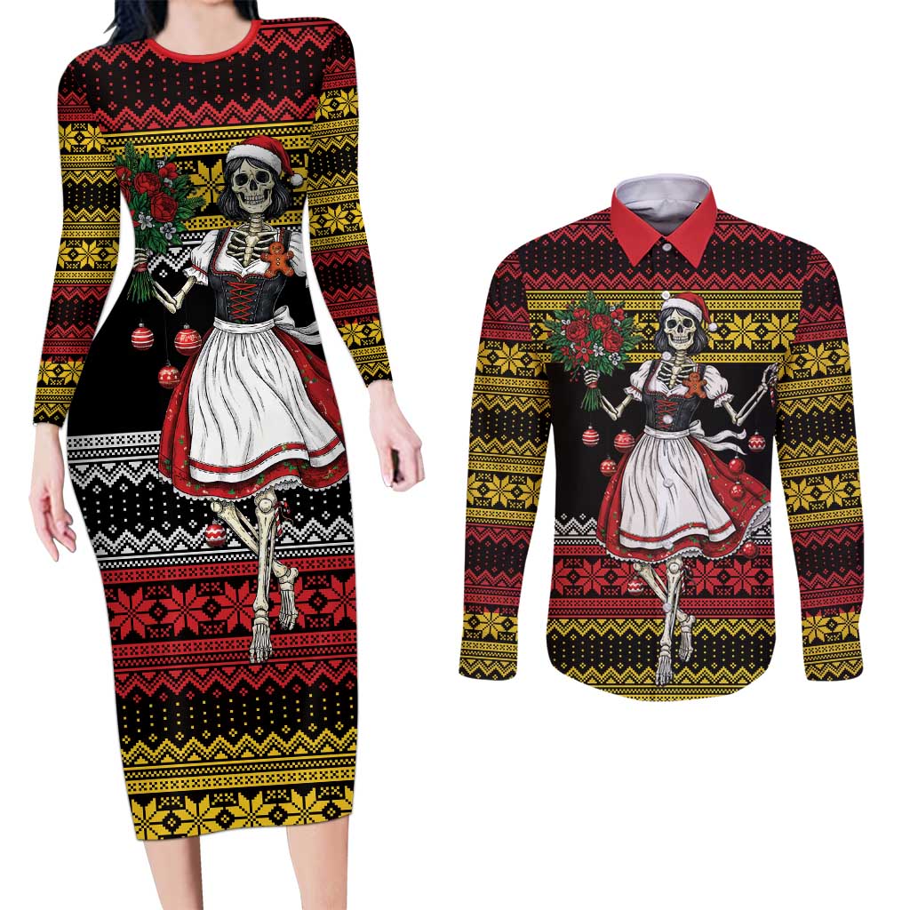 Dirndl Skeleton Dance Couples Matching Long Sleeve Bodycon Dress and Long Sleeve Button Shirt Bavarian Gothic Christmas - Wonder Print Shop