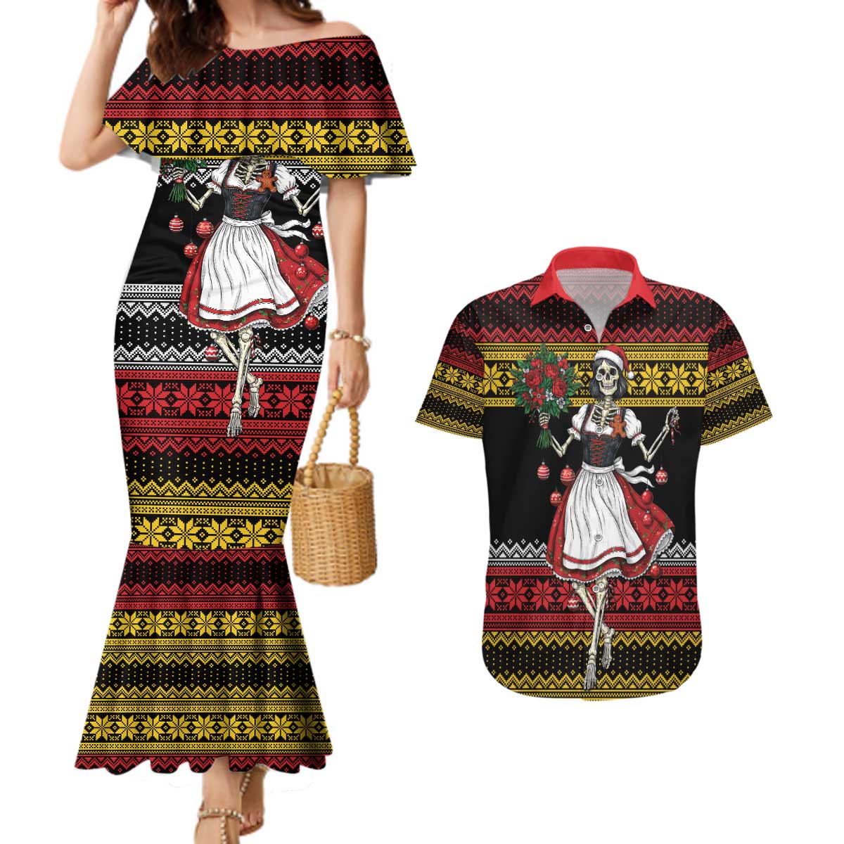 Dirndl Skeleton Dance Couples Matching Mermaid Dress and Hawaiian Shirt Bavarian Gothic Christmas - Wonder Print Shop