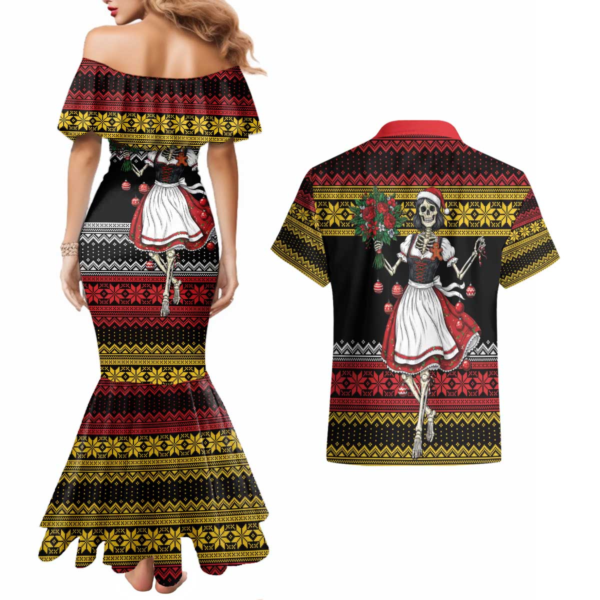 Dirndl Skeleton Dance Couples Matching Mermaid Dress and Hawaiian Shirt Bavarian Gothic Christmas - Wonder Print Shop