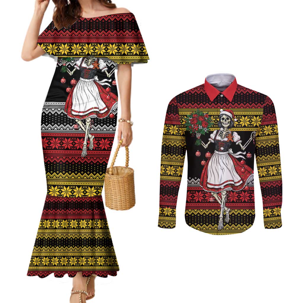 Dirndl Skeleton Dance Couples Matching Mermaid Dress and Long Sleeve Button Shirt Bavarian Gothic Christmas - Wonder Print Shop