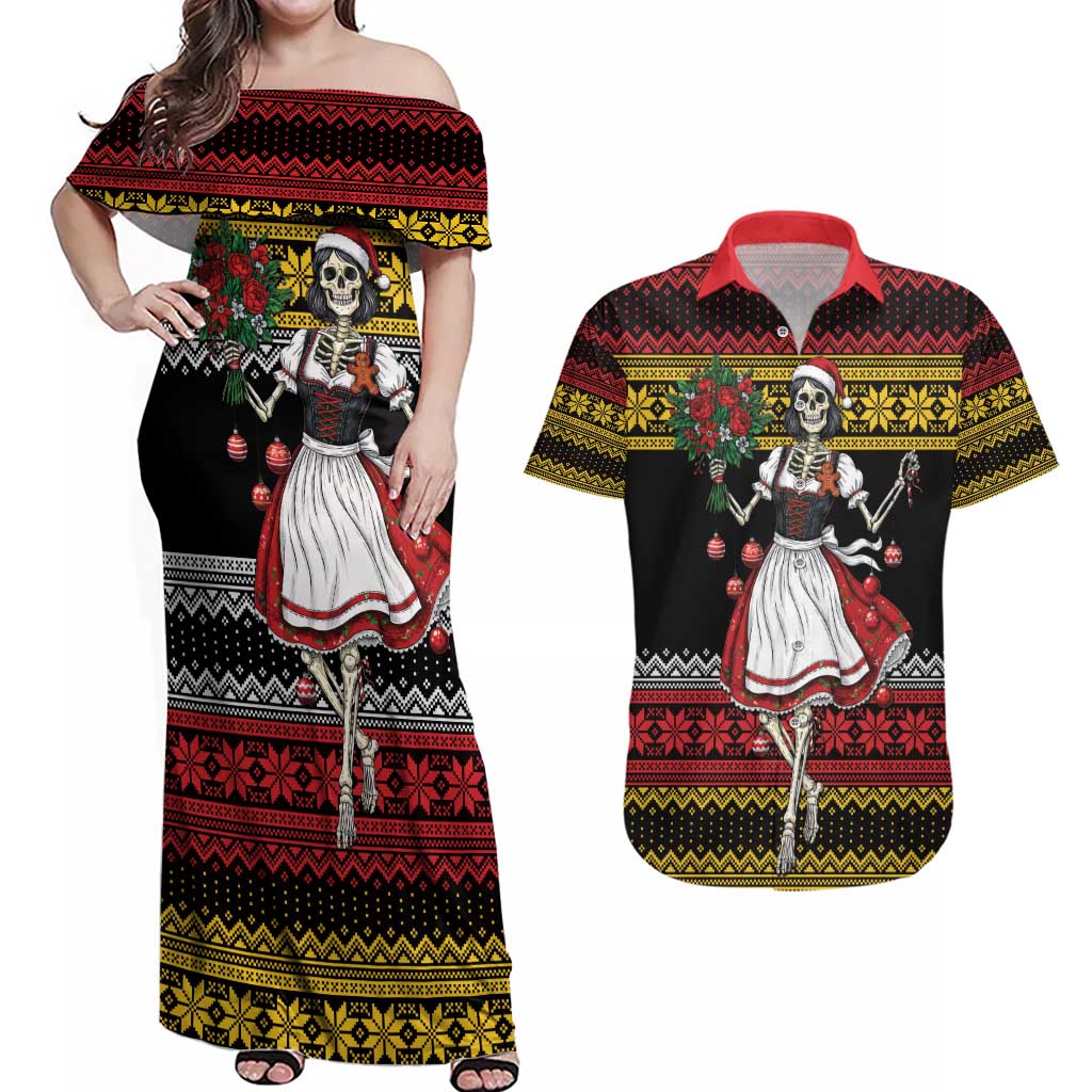 Dirndl Skeleton Dance Couples Matching Off Shoulder Maxi Dress and Hawaiian Shirt Bavarian Gothic Christmas - Wonder Print Shop