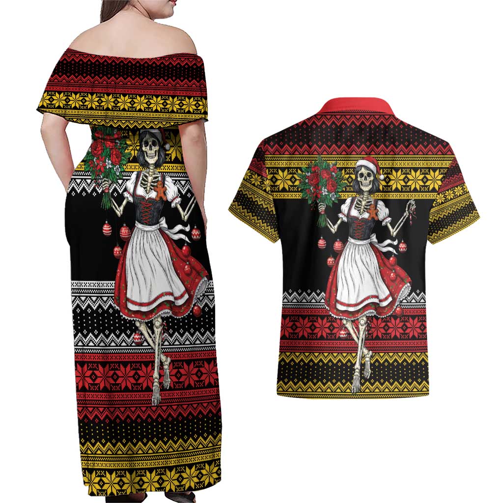 Dirndl Skeleton Dance Couples Matching Off Shoulder Maxi Dress and Hawaiian Shirt Bavarian Gothic Christmas - Wonder Print Shop