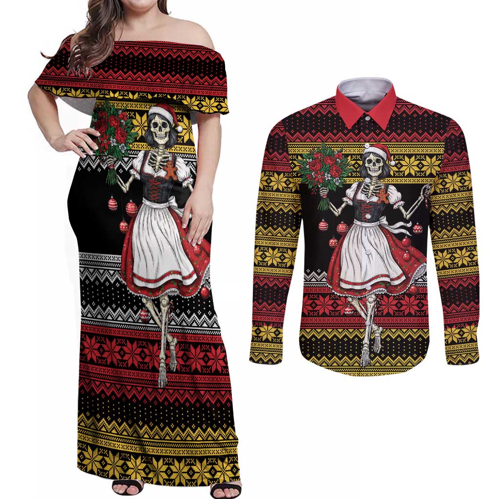 Dirndl Skeleton Dance Couples Matching Off Shoulder Maxi Dress and Long Sleeve Button Shirt Bavarian Gothic Christmas - Wonder Print Shop