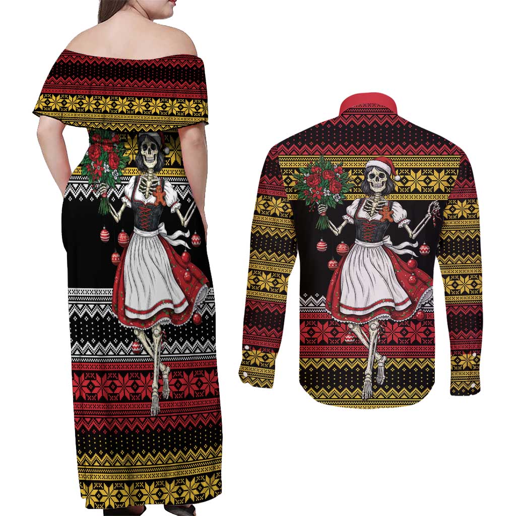 Dirndl Skeleton Dance Couples Matching Off Shoulder Maxi Dress and Long Sleeve Button Shirt Bavarian Gothic Christmas - Wonder Print Shop