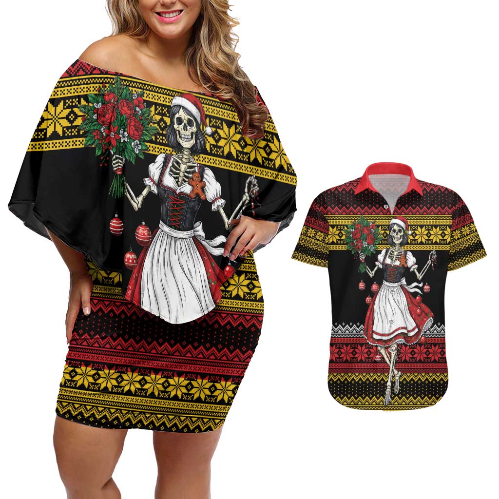 Dirndl Skeleton Dance Couples Matching Off Shoulder Short Dress and Hawaiian Shirt Bavarian Gothic Christmas - Wonder Print Shop
