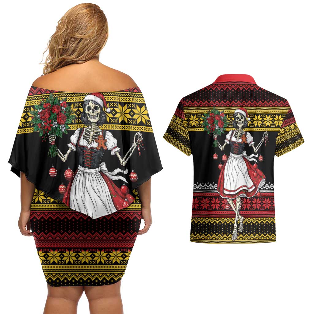 Dirndl Skeleton Dance Couples Matching Off Shoulder Short Dress and Hawaiian Shirt Bavarian Gothic Christmas - Wonder Print Shop