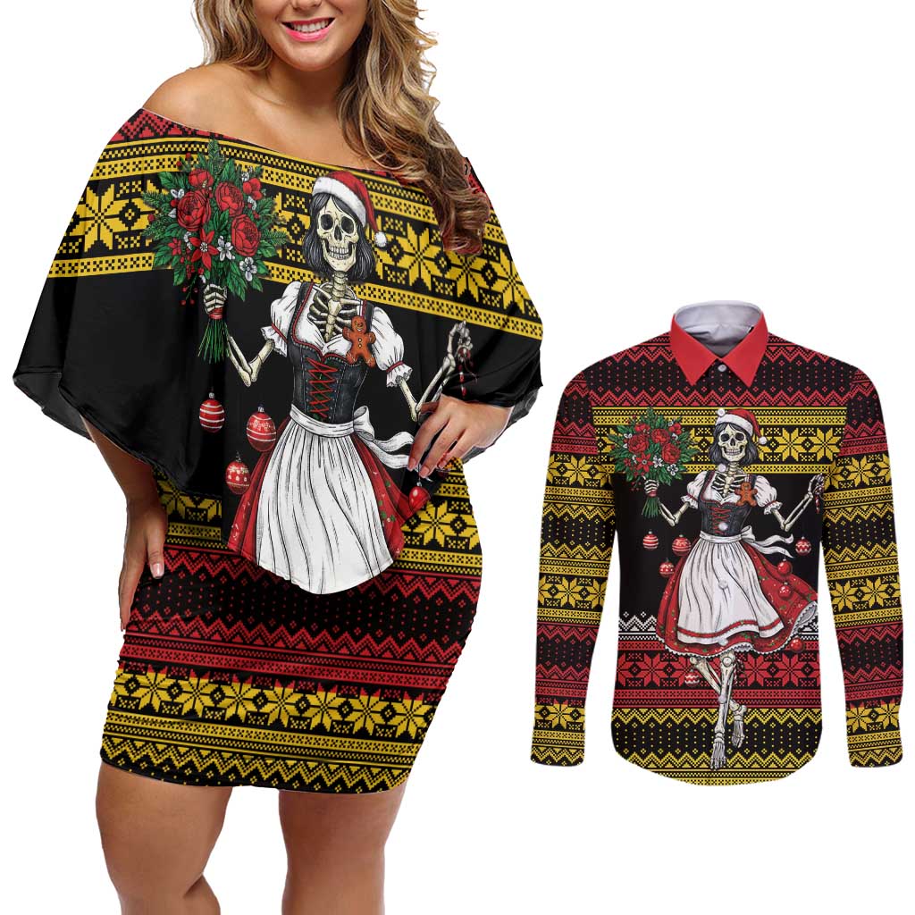 Dirndl Skeleton Dance Couples Matching Off Shoulder Short Dress and Long Sleeve Button Shirt Bavarian Gothic Christmas - Wonder Print Shop