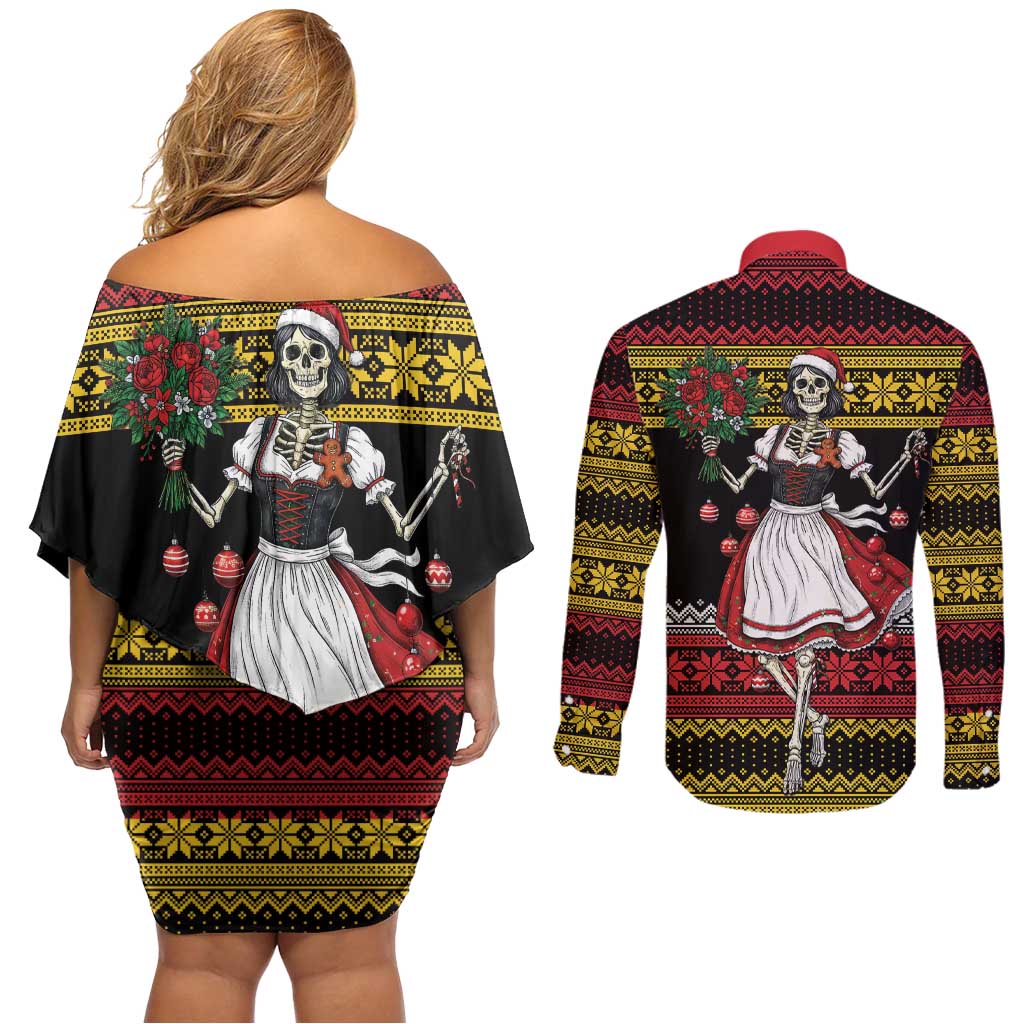 Dirndl Skeleton Dance Couples Matching Off Shoulder Short Dress and Long Sleeve Button Shirt Bavarian Gothic Christmas - Wonder Print Shop