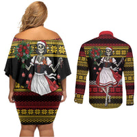 Dirndl Skeleton Dance Couples Matching Off Shoulder Short Dress and Long Sleeve Button Shirt Bavarian Gothic Christmas - Wonder Print Shop