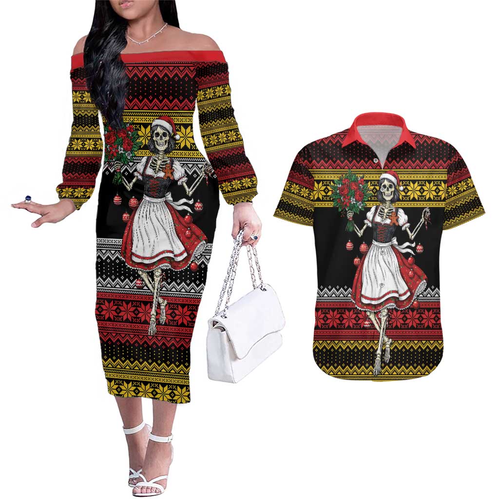 Dirndl Skeleton Dance Couples Matching Off The Shoulder Long Sleeve Dress and Hawaiian Shirt Bavarian Gothic Christmas - Wonder Print Shop