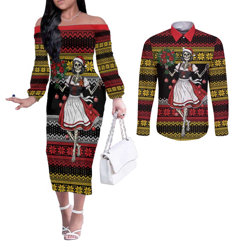 Dirndl Skeleton Dance Couples Matching Off The Shoulder Long Sleeve Dress and Long Sleeve Button Shirt Bavarian Gothic Christmas - Wonder Print Shop