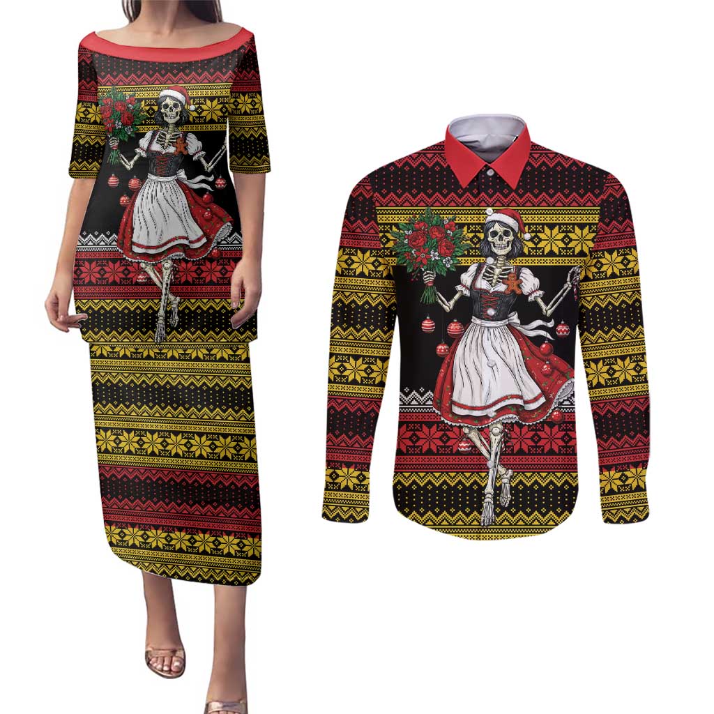 Dirndl Skeleton Dance Couples Matching Puletasi and Long Sleeve Button Shirt Bavarian Gothic Christmas - Wonder Print Shop