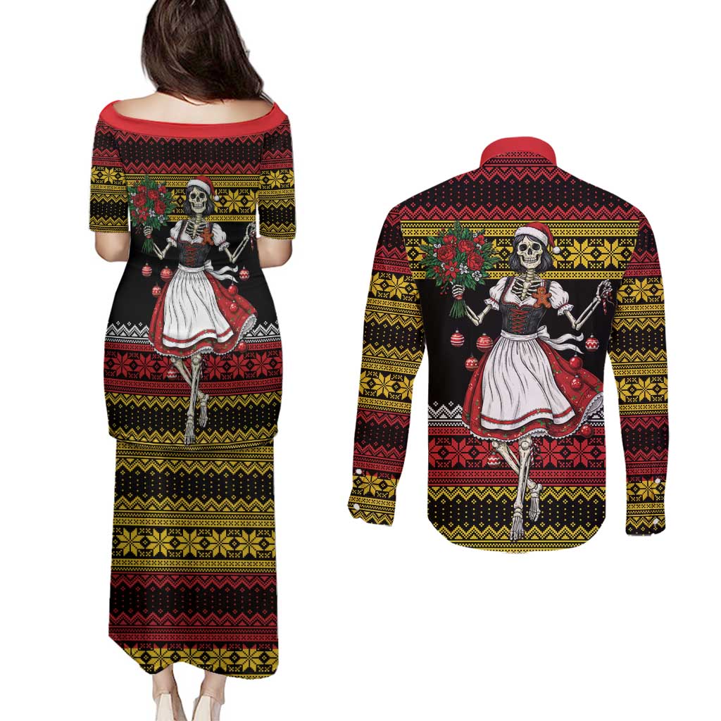 Dirndl Skeleton Dance Couples Matching Puletasi and Long Sleeve Button Shirt Bavarian Gothic Christmas - Wonder Print Shop