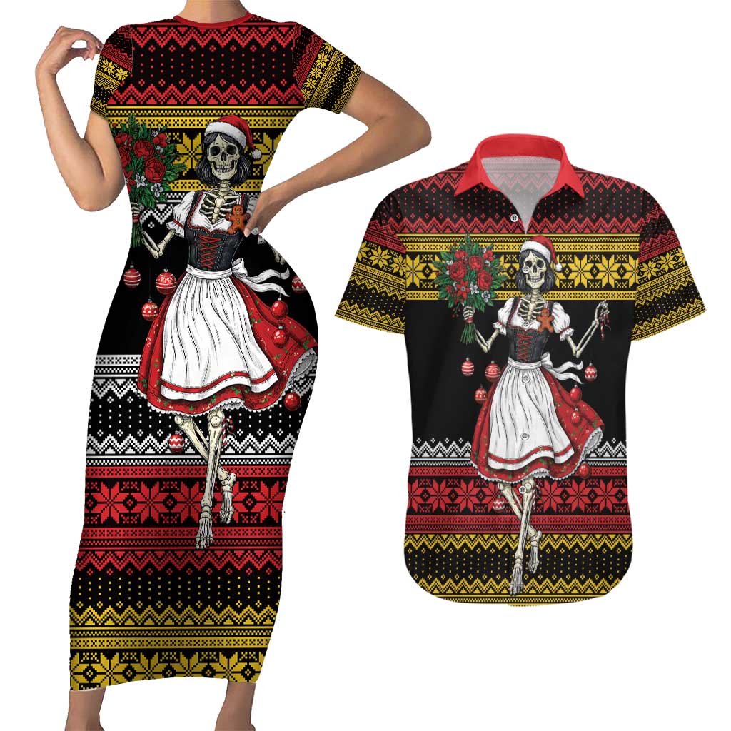 Dirndl Skeleton Dance Couples Matching Short Sleeve Bodycon Dress and Hawaiian Shirt Bavarian Gothic Christmas - Wonder Print Shop