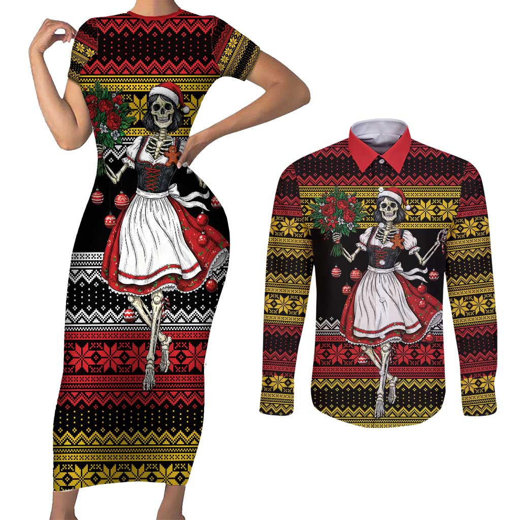 Dirndl Skeleton Dance Couples Matching Short Sleeve Bodycon Dress and Long Sleeve Button Shirt Bavarian Gothic Christmas - Wonder Print Shop