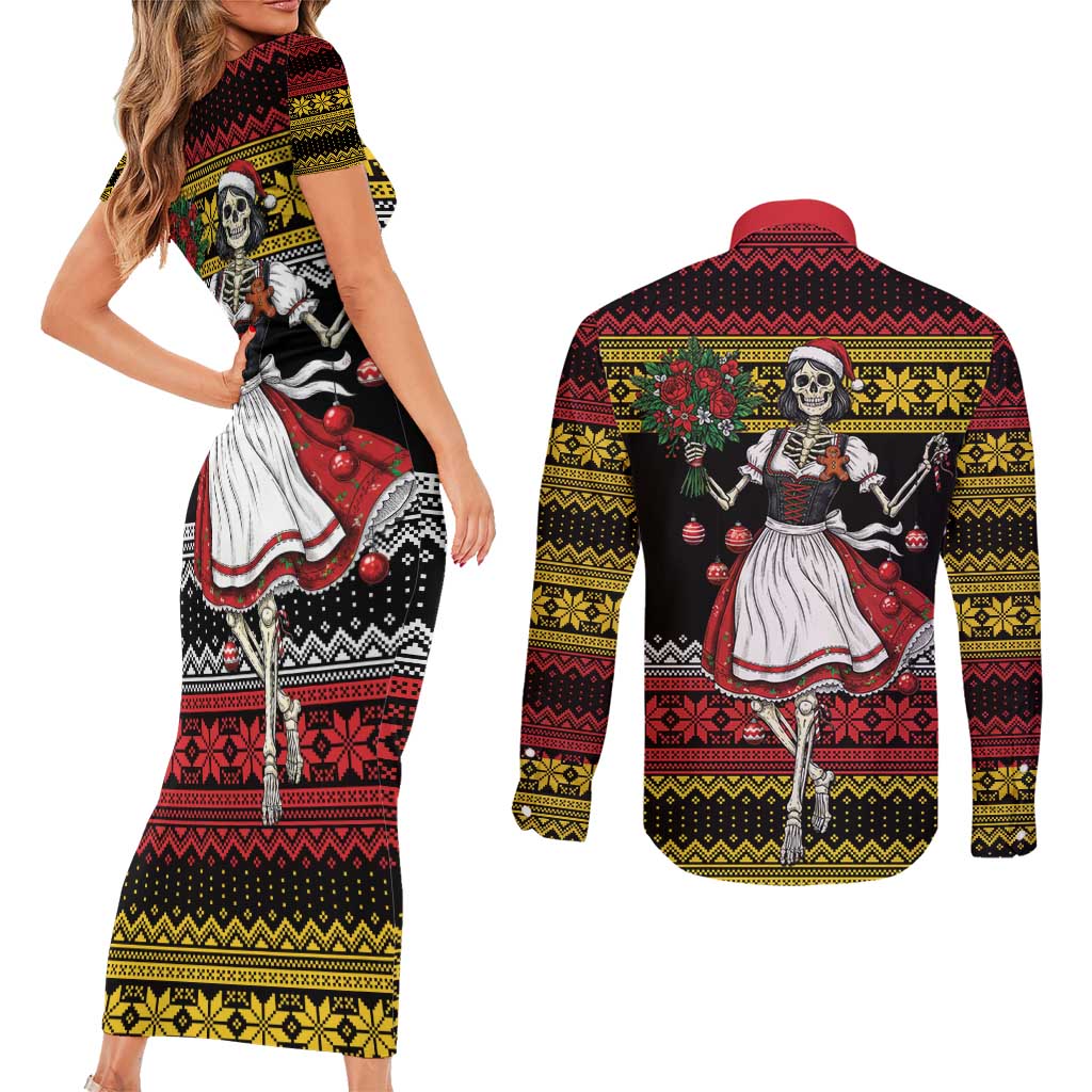 Dirndl Skeleton Dance Couples Matching Short Sleeve Bodycon Dress and Long Sleeve Button Shirt Bavarian Gothic Christmas - Wonder Print Shop