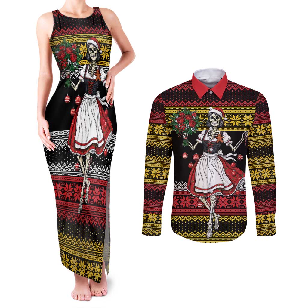 Dirndl Skeleton Dance Couples Matching Tank Maxi Dress and Long Sleeve Button Shirt Bavarian Gothic Christmas - Wonder Print Shop