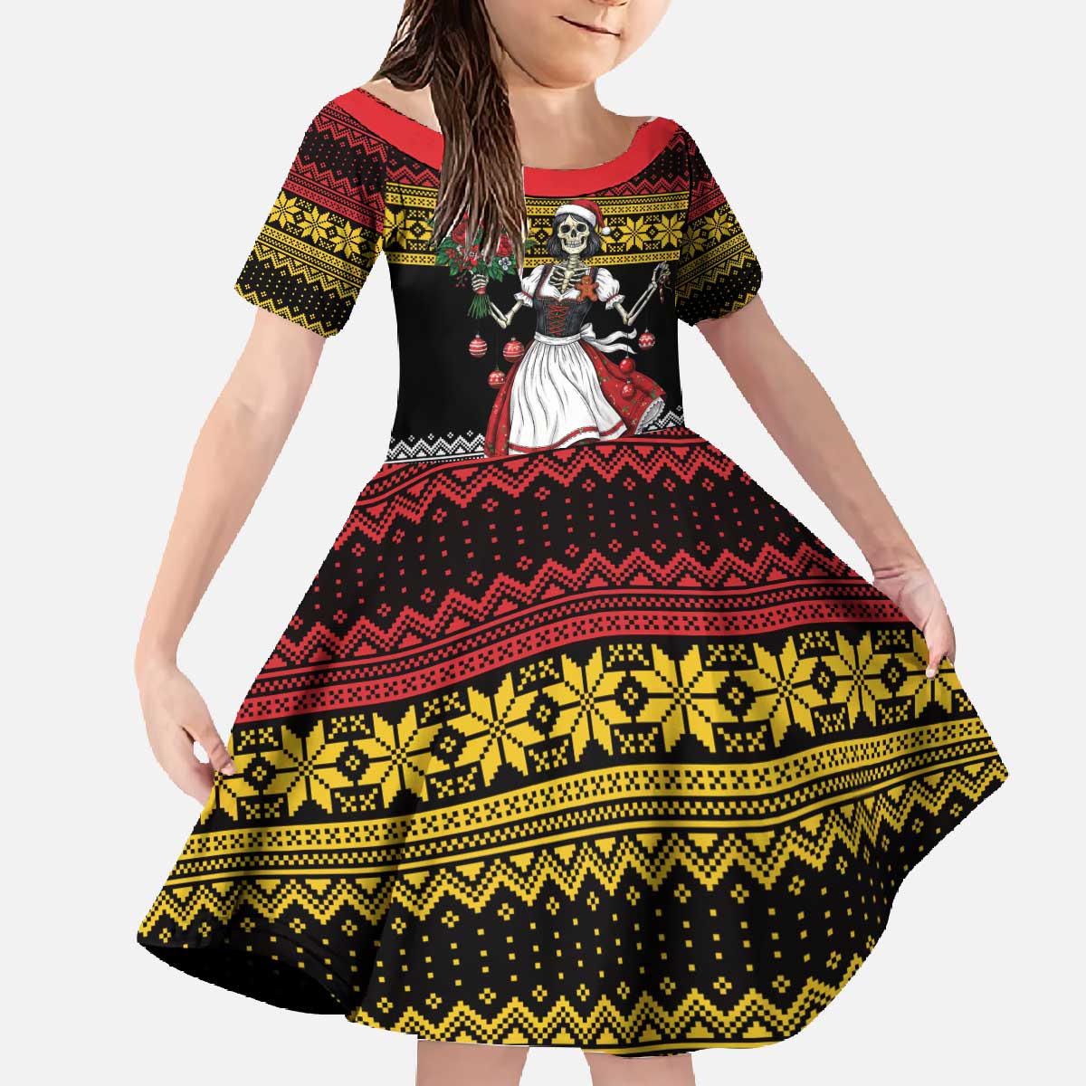 Dirndl Skeleton Dance Family Matching Off The Shoulder Long Sleeve Dress and Hawaiian Shirt Bavarian Gothic Christmas - Wonder Print Shop