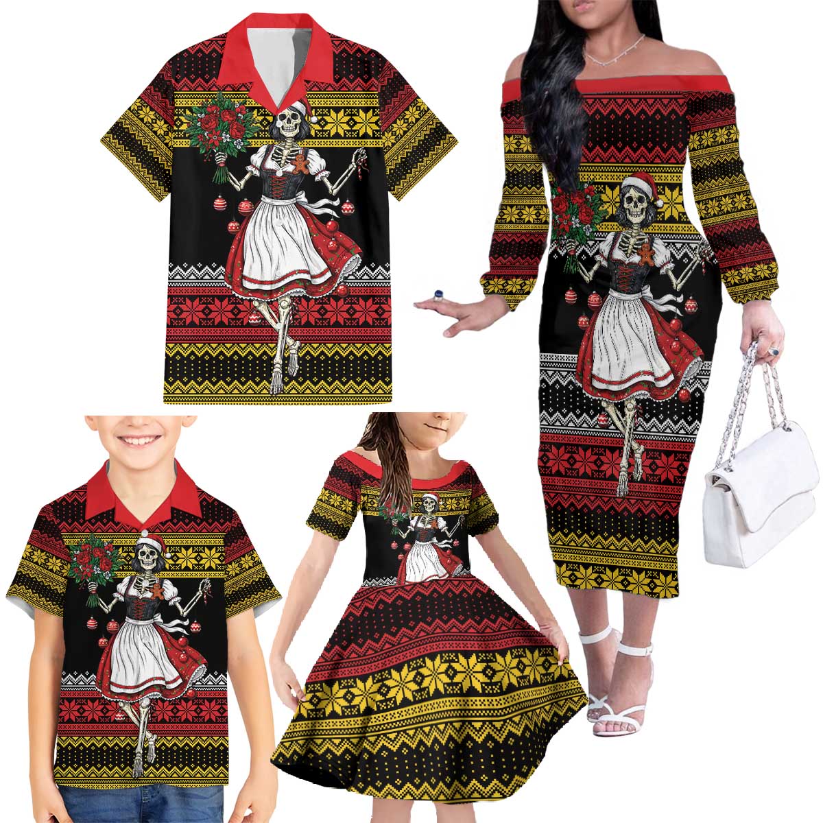 Dirndl Skeleton Dance Family Matching Off The Shoulder Long Sleeve Dress and Hawaiian Shirt Bavarian Gothic Christmas - Wonder Print Shop