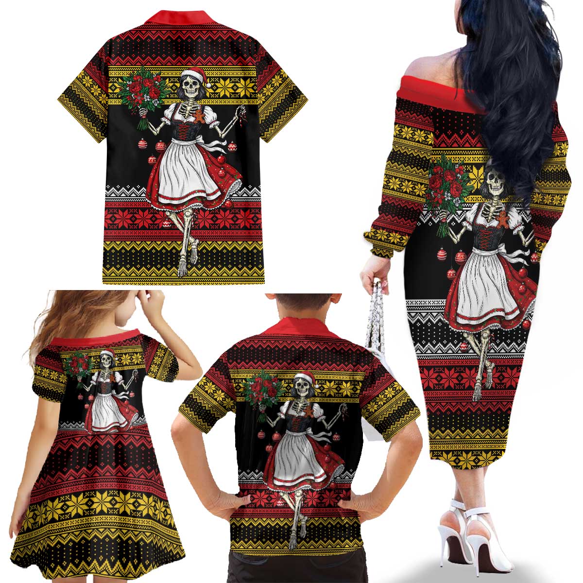 Dirndl Skeleton Dance Family Matching Off The Shoulder Long Sleeve Dress and Hawaiian Shirt Bavarian Gothic Christmas - Wonder Print Shop