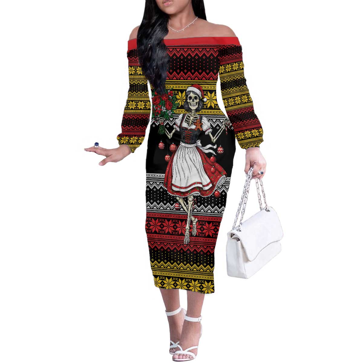 Dirndl Skeleton Dance Family Matching Off The Shoulder Long Sleeve Dress and Hawaiian Shirt Bavarian Gothic Christmas - Wonder Print Shop