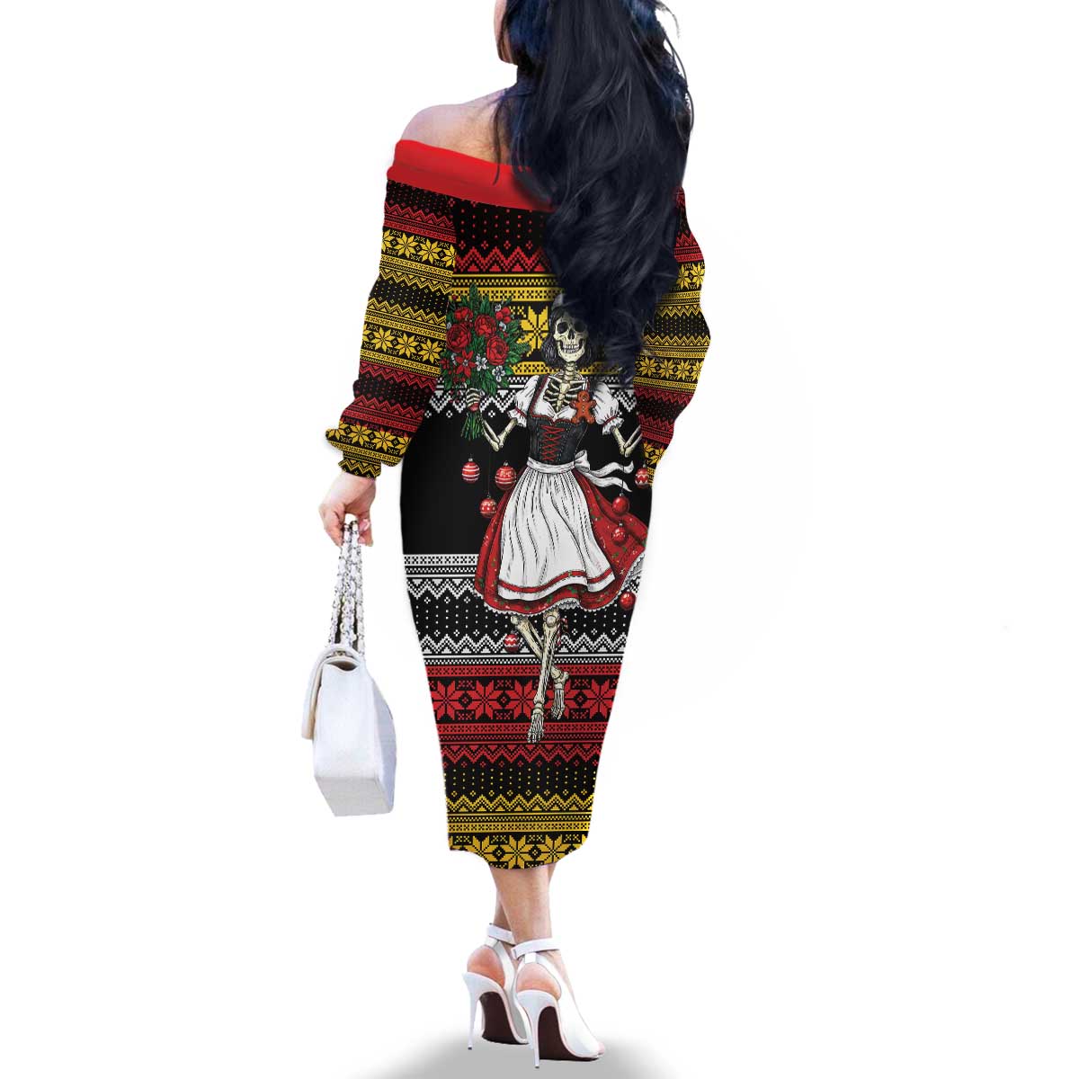 Dirndl Skeleton Dance Family Matching Off The Shoulder Long Sleeve Dress and Hawaiian Shirt Bavarian Gothic Christmas - Wonder Print Shop