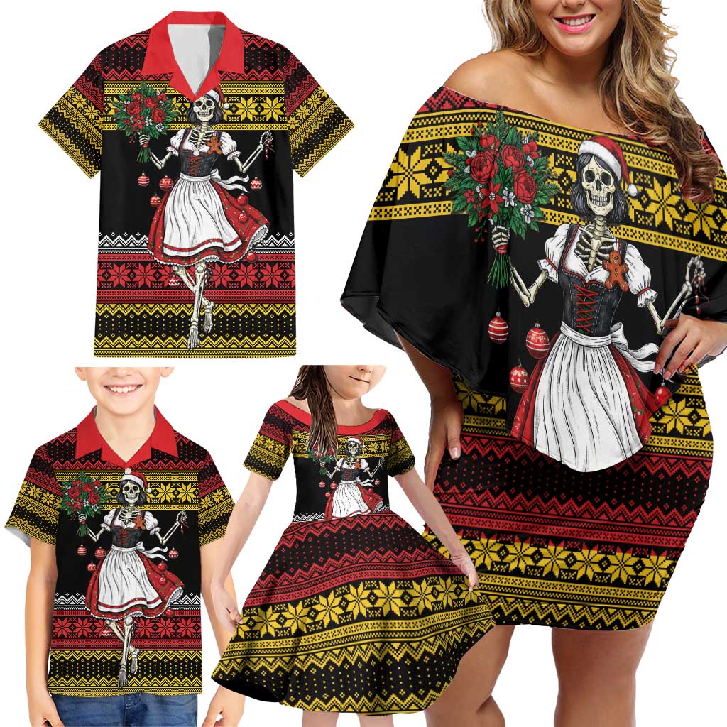 Dirndl Skeleton Dance Family Matching Off Shoulder Short Dress and Hawaiian Shirt Bavarian Gothic Christmas - Wonder Print Shop