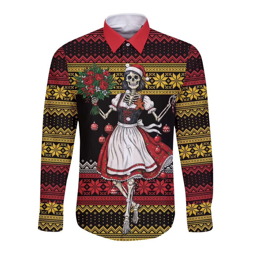 Dirndl Skeleton Dance Long Sleeve Button Shirt Bavarian Gothic Christmas - Wonder Print Shop