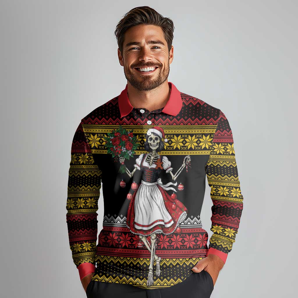 Dirndl Skeleton Dance Long Sleeve Polo Shirt Bavarian Gothic Christmas - Wonder Print Shop