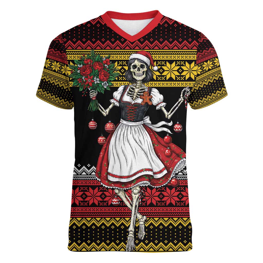 Dirndl Skeleton Dance Women V-Neck T-Shirt Bavarian Gothic Christmas - Wonder Print Shop