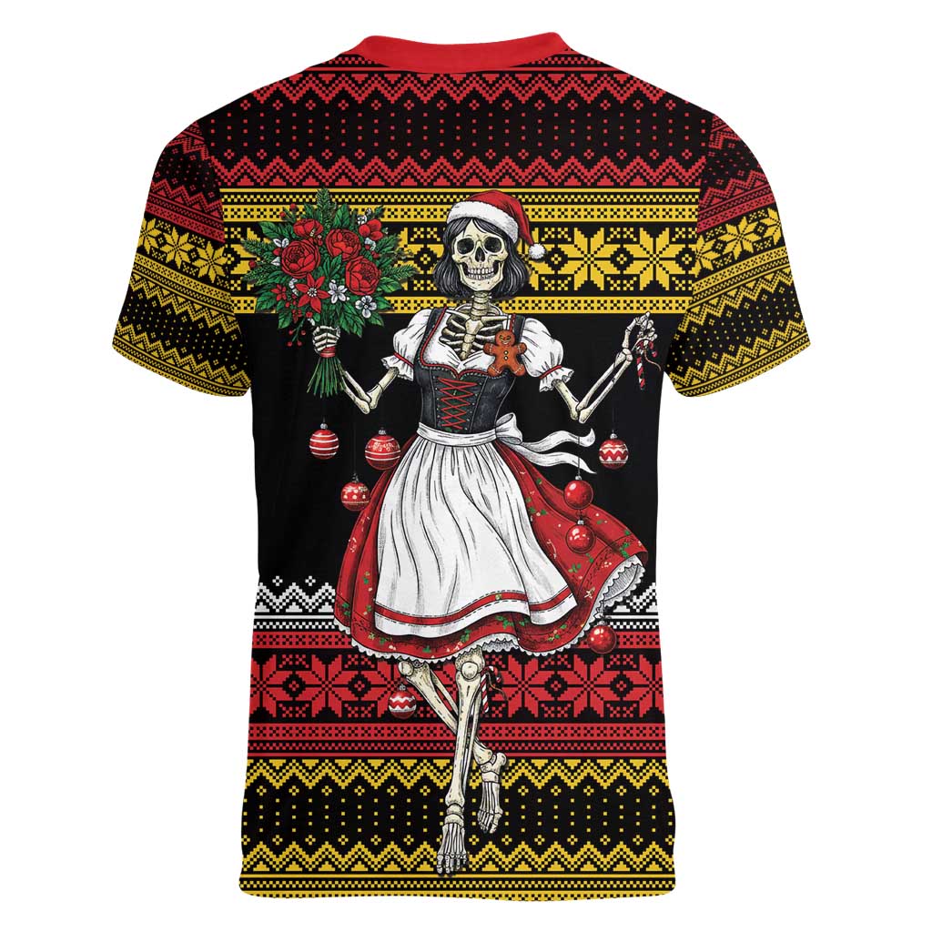 Dirndl Skeleton Dance Women V-Neck T-Shirt Bavarian Gothic Christmas - Wonder Print Shop