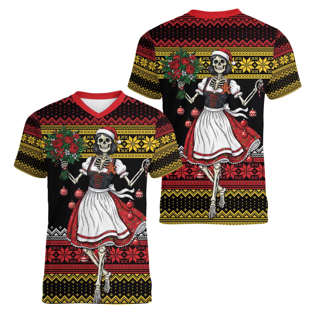 Dirndl Skeleton Dance Women V-Neck T-Shirt Bavarian Gothic Christmas - Wonder Print Shop