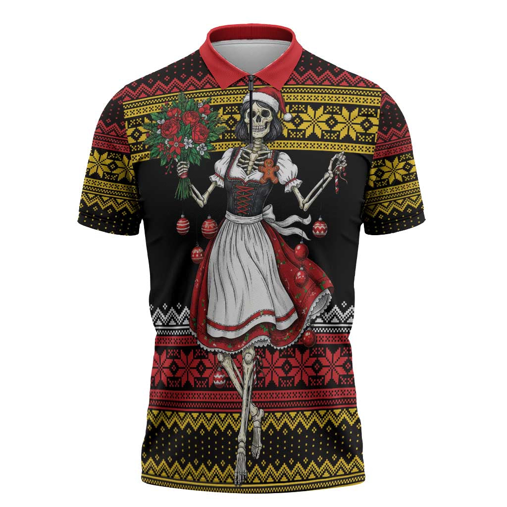 Dirndl Skeleton Dance Zipper Polo Shirt Bavarian Gothic Christmas - Wonder Print Shop