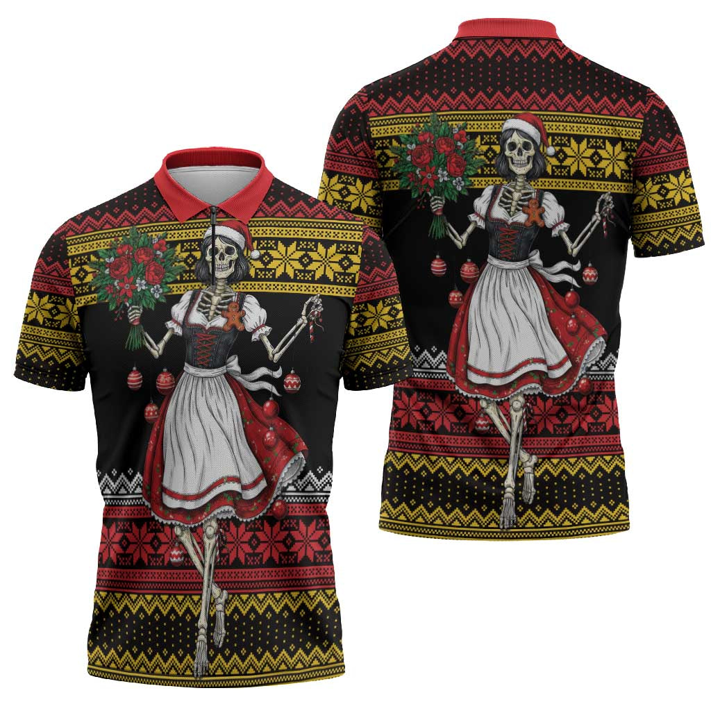 Dirndl Skeleton Dance Zipper Polo Shirt Bavarian Gothic Christmas - Wonder Print Shop