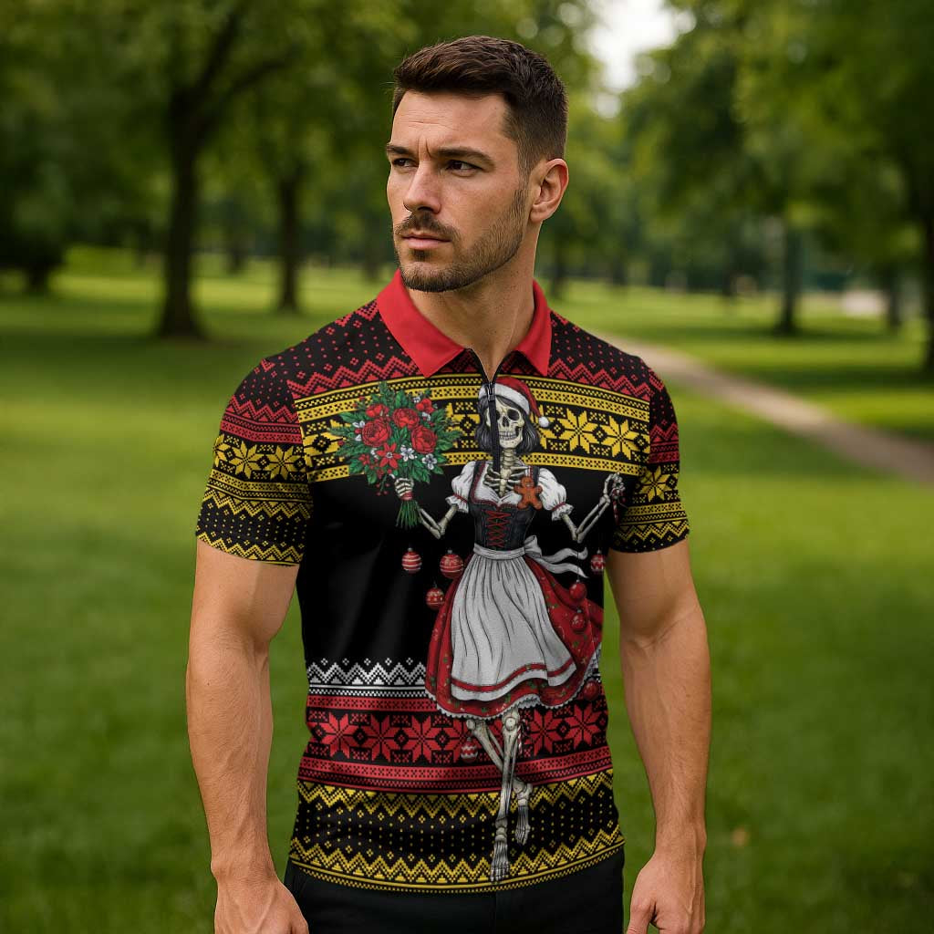 Dirndl Skeleton Dance Zipper Polo Shirt Bavarian Gothic Christmas - Wonder Print Shop