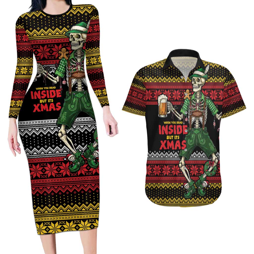 Lederhosen Skeleton Dance Couples Matching Long Sleeve Bodycon Dress and Hawaiian Shirt Bavarian Gothic Christmas - Wonder Print Shop