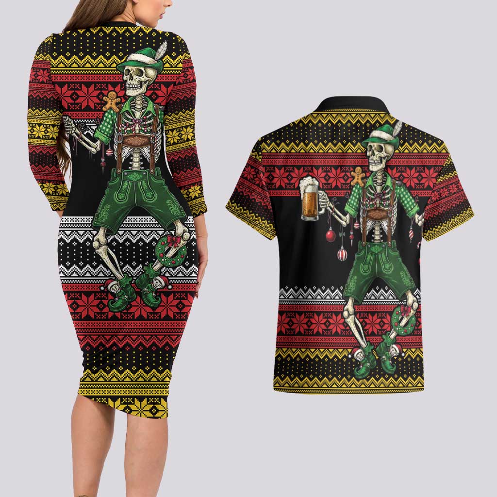 Lederhosen Skeleton Dance Couples Matching Long Sleeve Bodycon Dress and Hawaiian Shirt Bavarian Gothic Christmas - Wonder Print Shop
