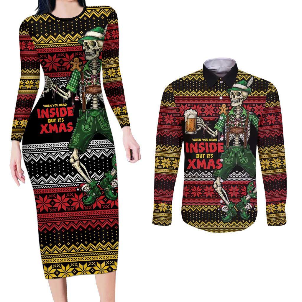 Lederhosen Skeleton Dance Couples Matching Long Sleeve Bodycon Dress and Long Sleeve Button Shirt Bavarian Gothic Christmas - Wonder Print Shop